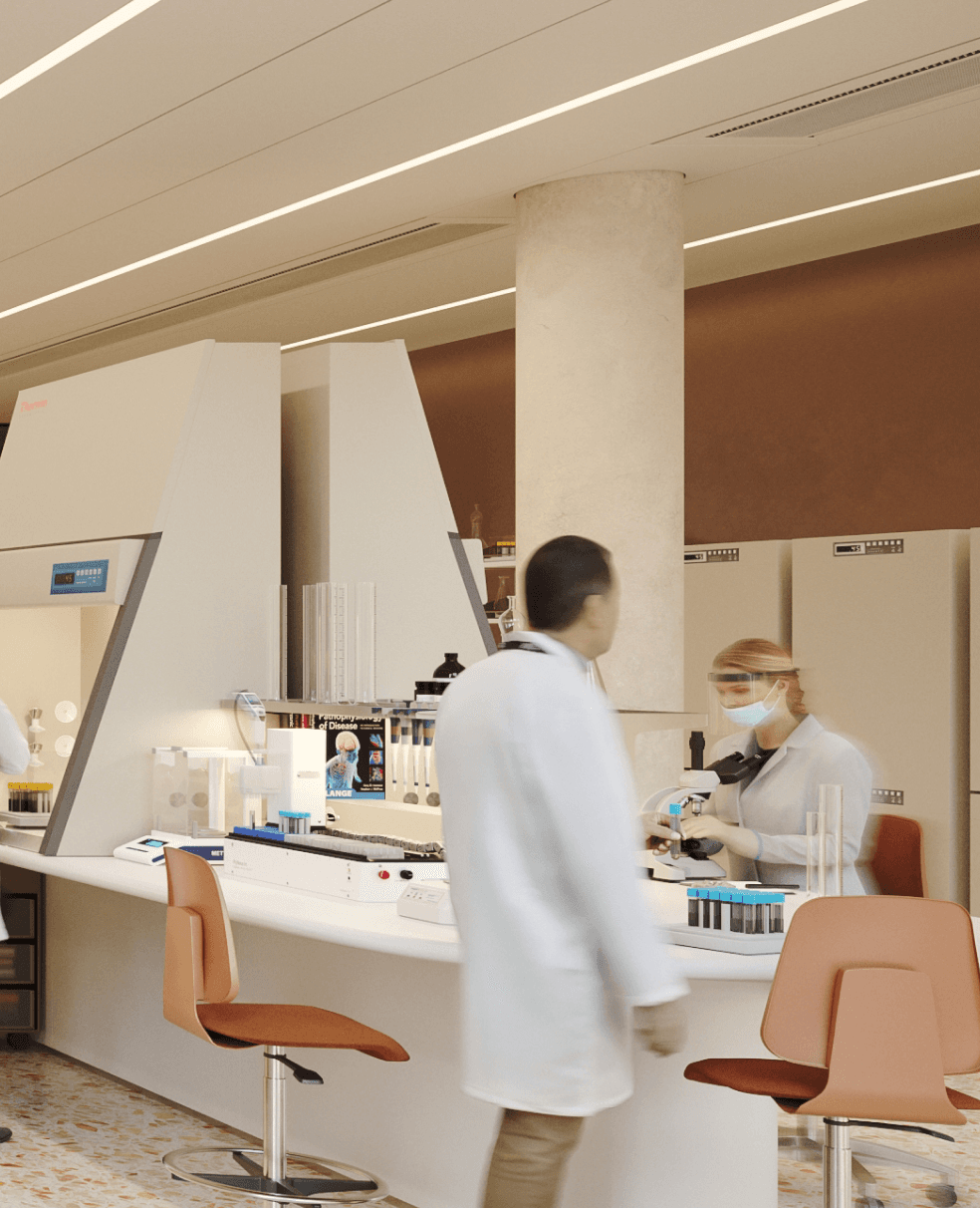 Lab workers at their desks